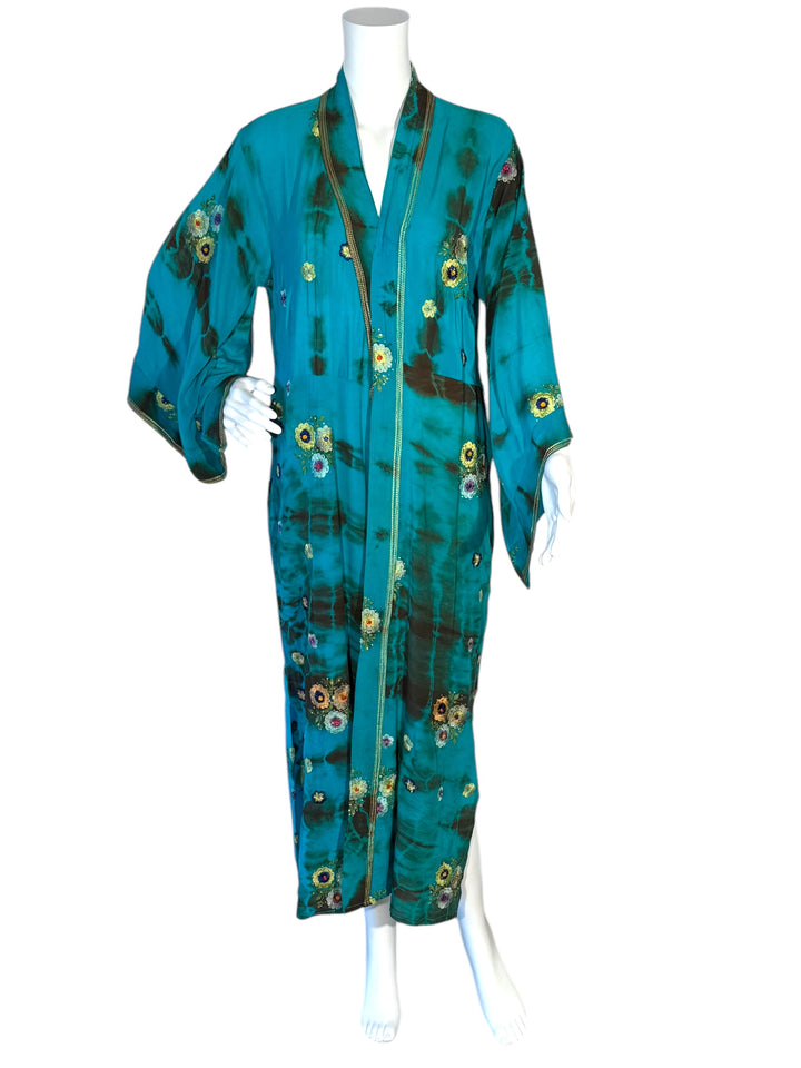 Front view of kimono in blue dip dyed vintage silk with colorful embroidered flowers and faux jewels