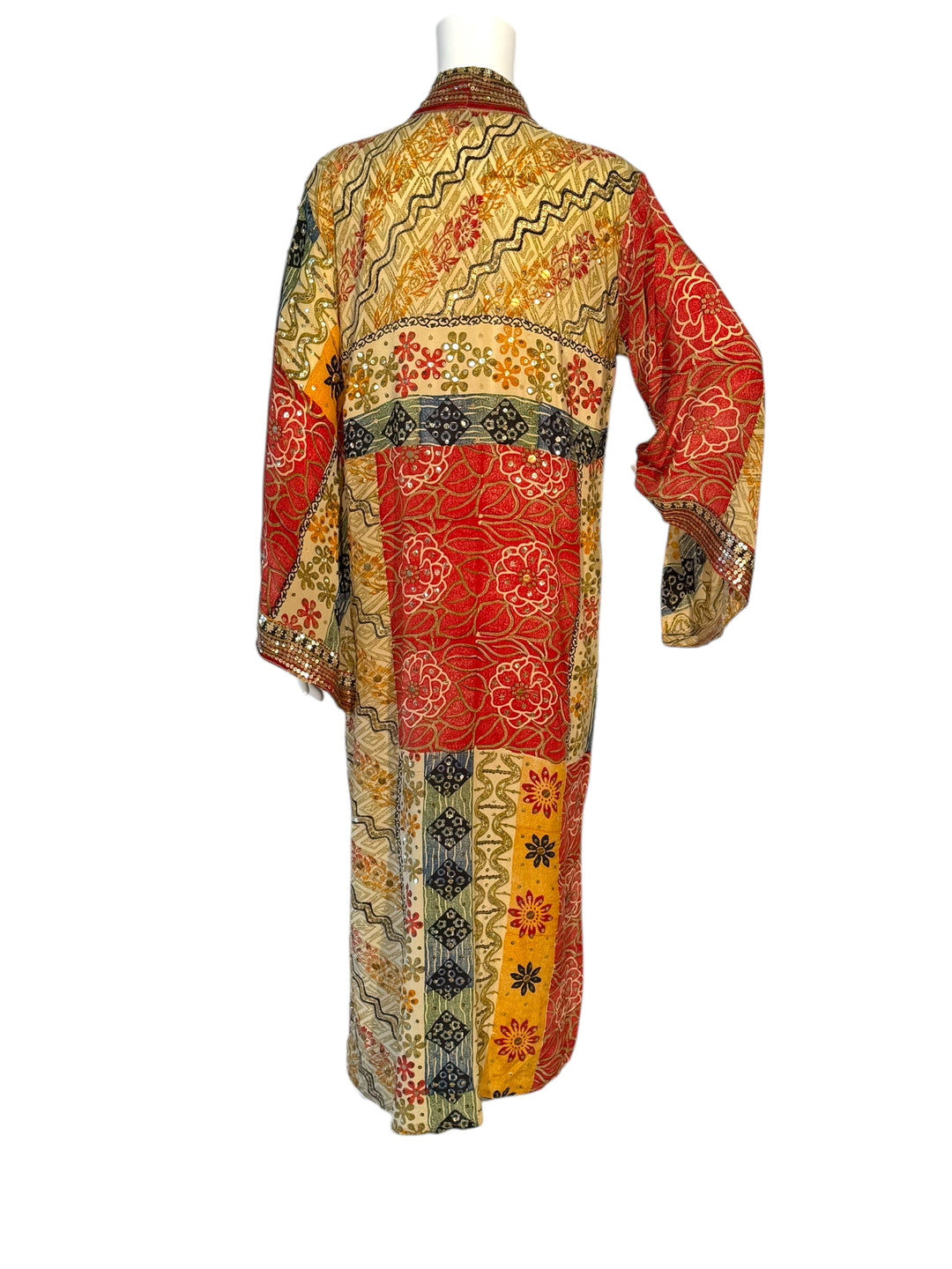 Back view of kimono in red gold and black embroidered vintage silk with gold sequins