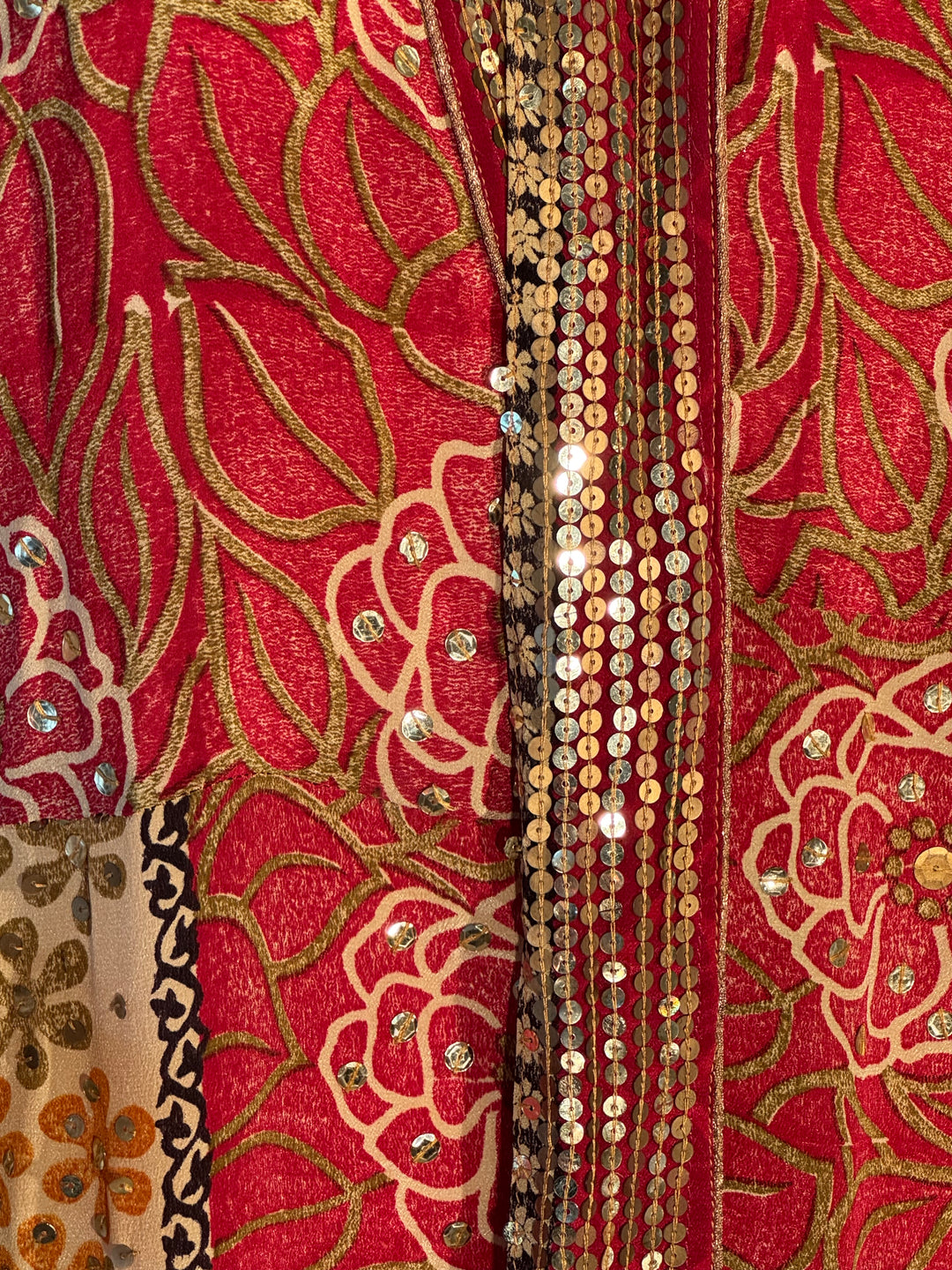 Red and gold embroidered vintage silk with gold sequins