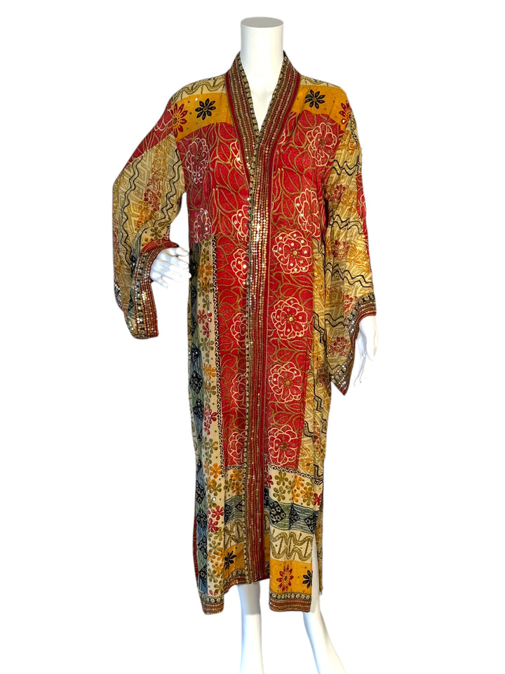 Front view of kimono in red gold and black embroidered vintage silk with gold sequins