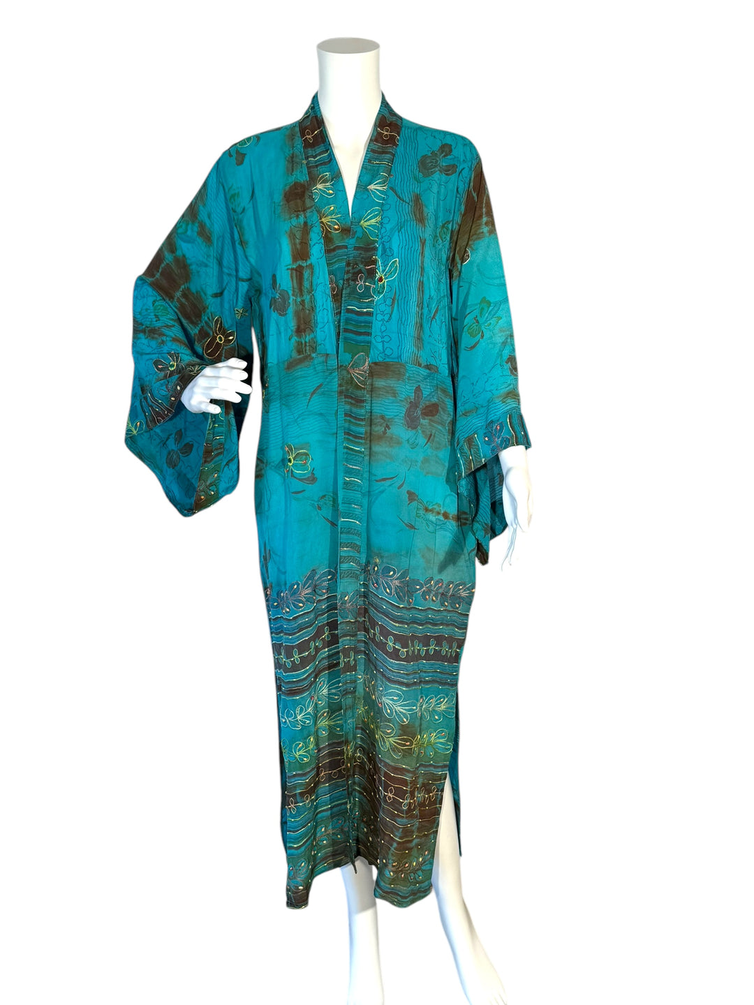 Front view of kimono in blue dip dyed vintage silk with colorful embroidered borders