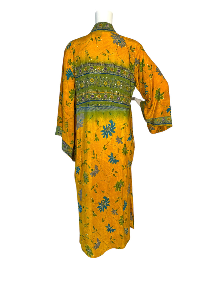 Back view of kimono in yellow floral and green border vintage silk with embroidery and sequins