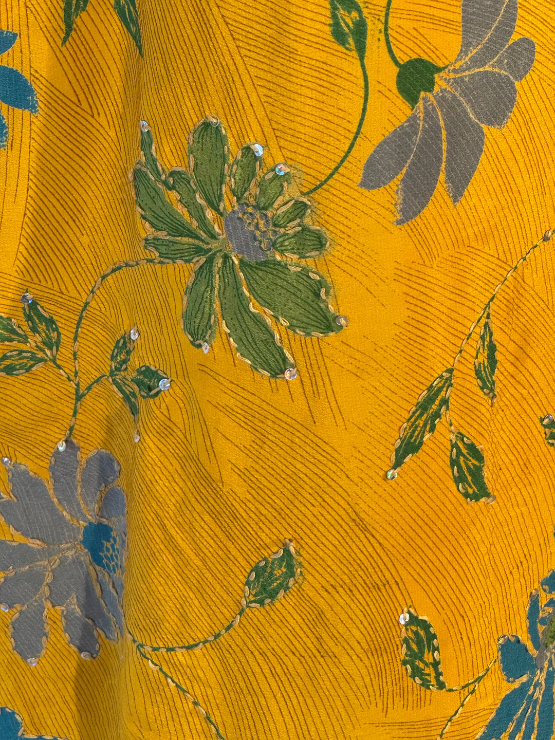 Yellow vintage silk with green flowers and embroidery