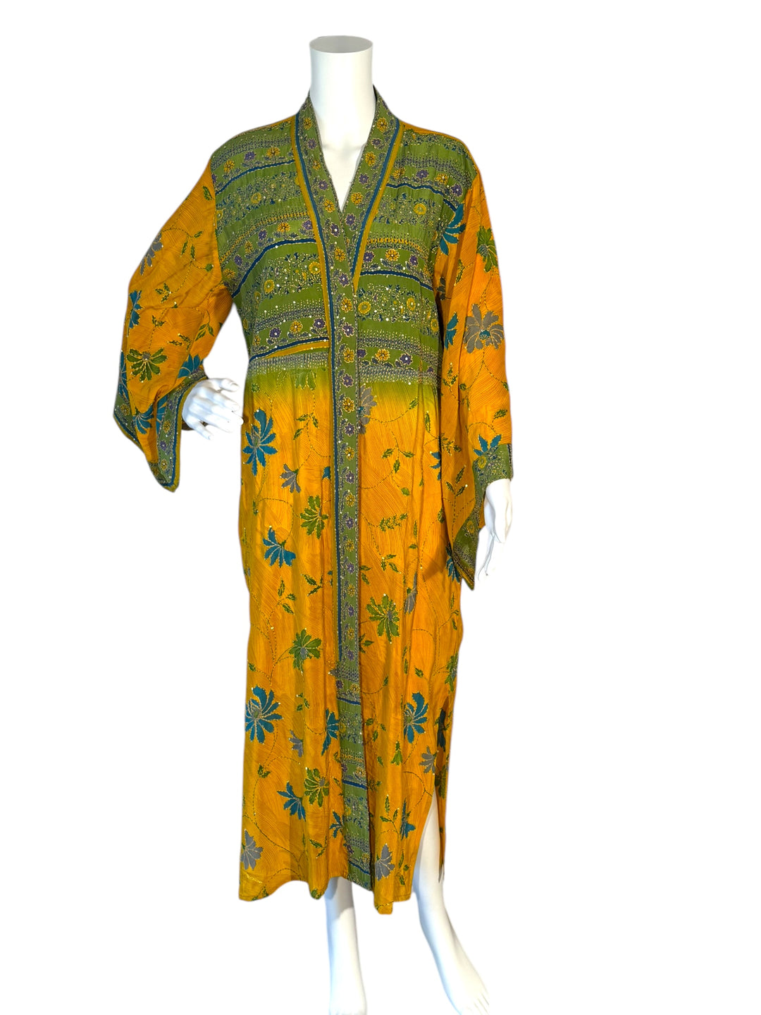 Front view of kimono in yellow floral and green border vintage silk with embroidery and sequins