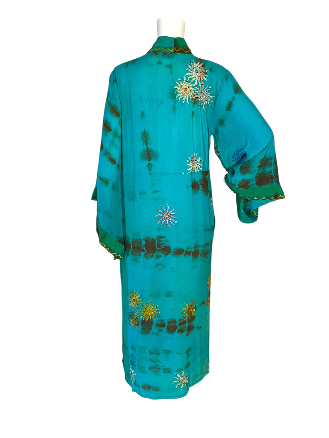 Back view of kimono in blue dip dye vintage silk with yellow and pink embroidered flowers with colorful sequins