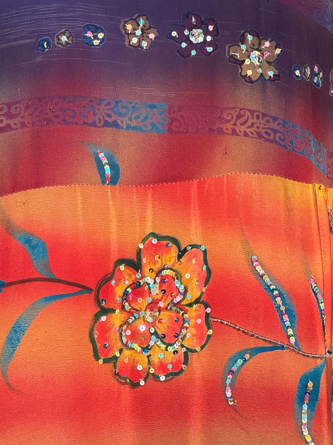 Orange red and blue vintage silk with flower outlined in embroidered sequins