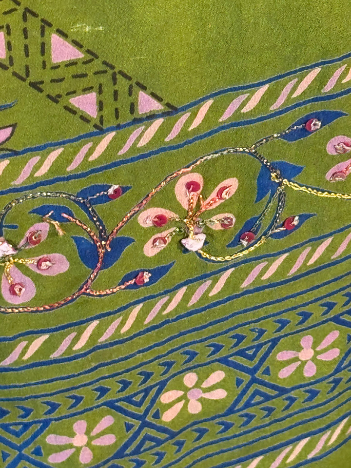 Green border print vintage silk with pink and blue and embroidery