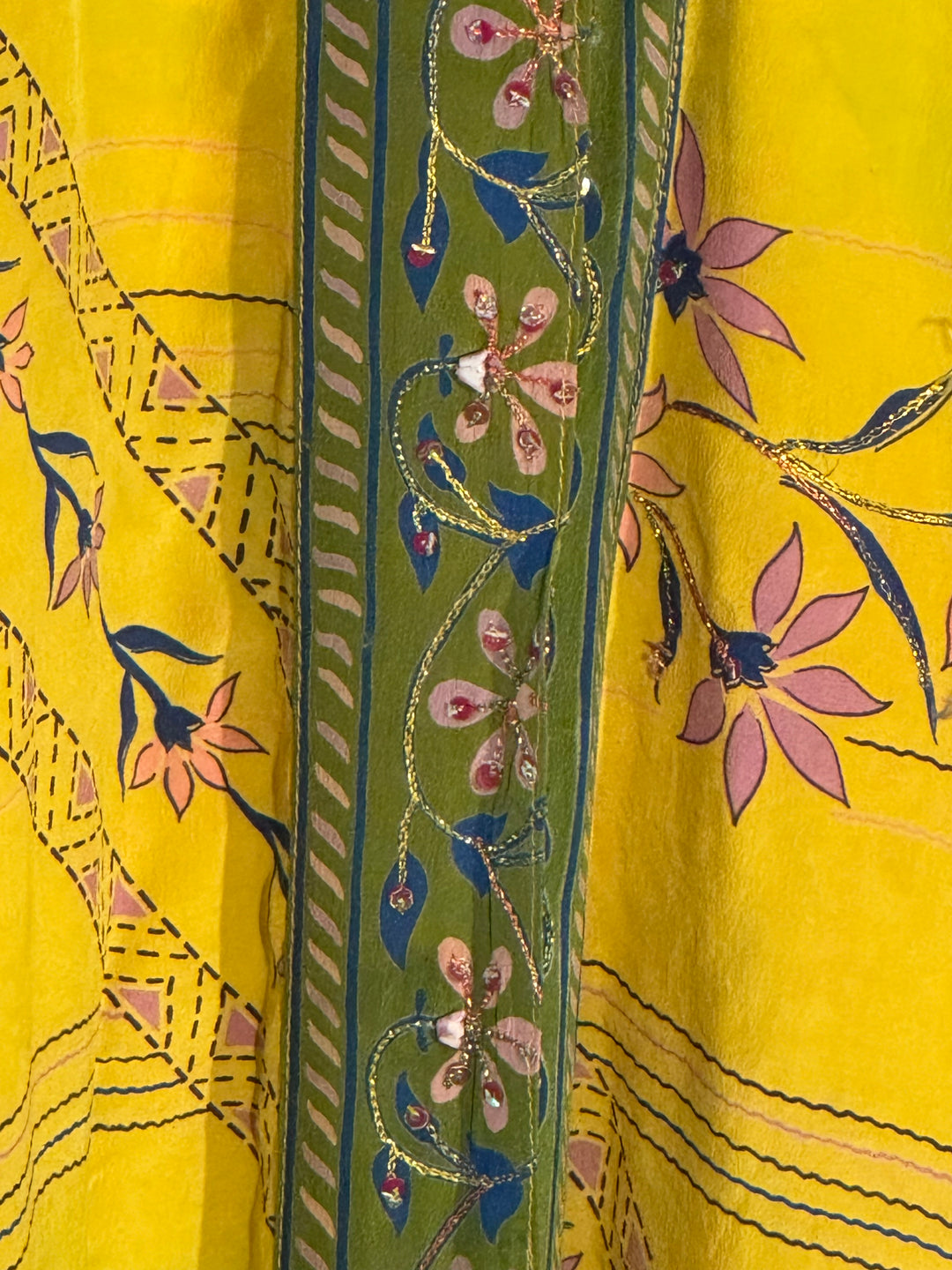 Yellow vintage silk with green border prints and floral prints and gold embroidery