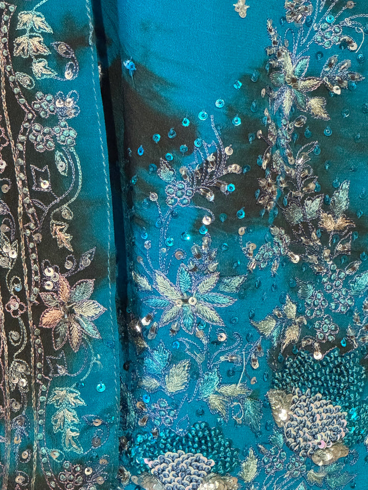 Blue dip dye vintage silk with blue and silver embroidery and sequins