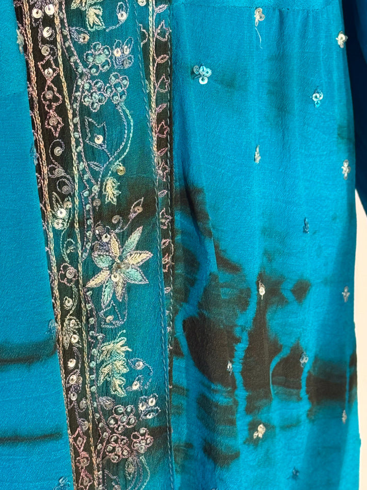 Blue dip dye vintage silk with blue and silver embroidery and sequins