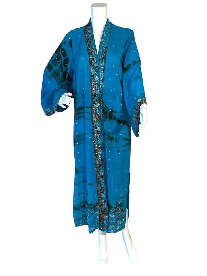 Front view of kimono in blue dip dye vintage silk with blue and silver embroidery and sequins