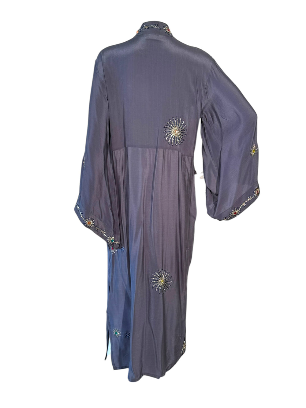 Back view of lavender vintage silk kimono with silver embroidered flowers