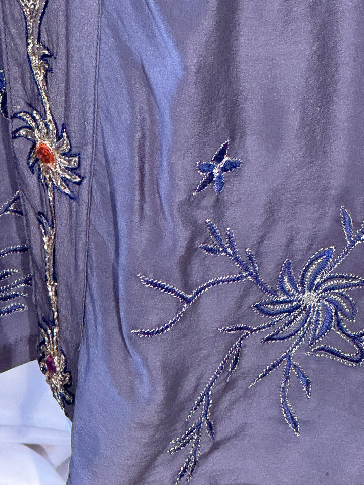 Lavender vintage silk with silver embroidered flowers