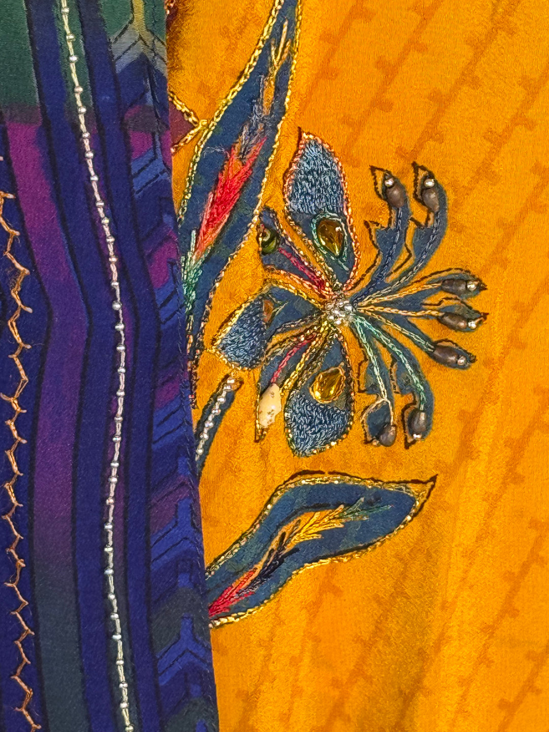 Orange and blue vintage silk with border and embroidered flower with faux jewels