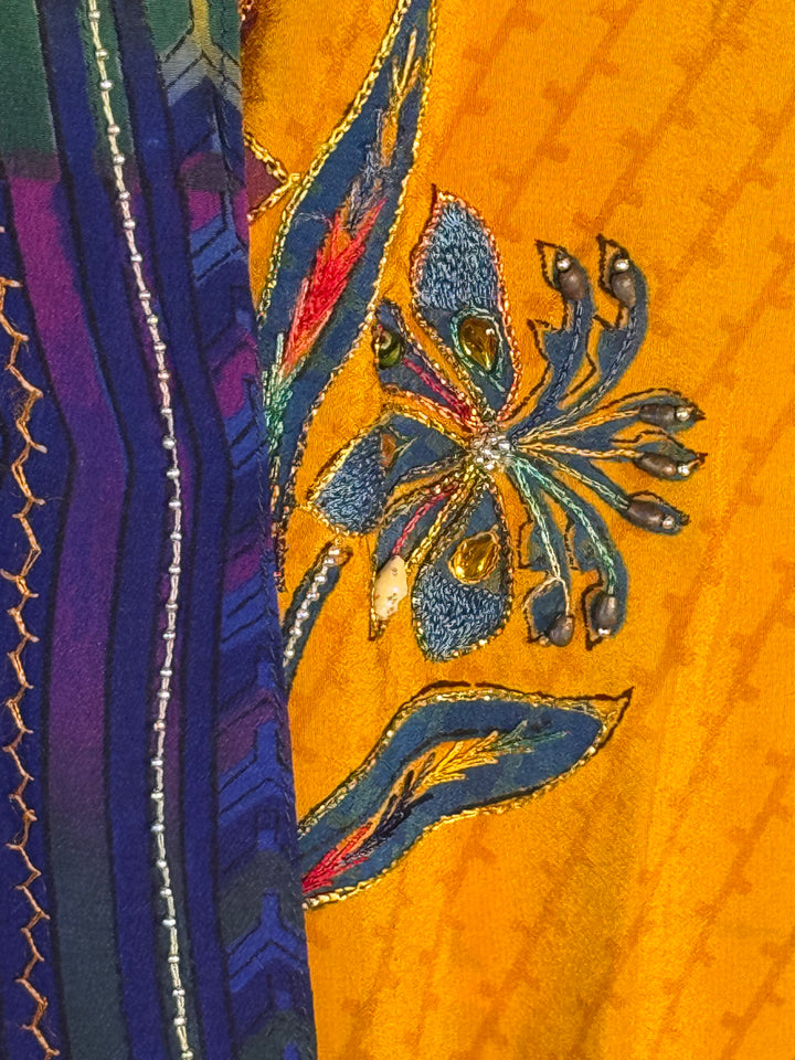 Orange and blue vintage silk with border and embroidered flower with faux jewels