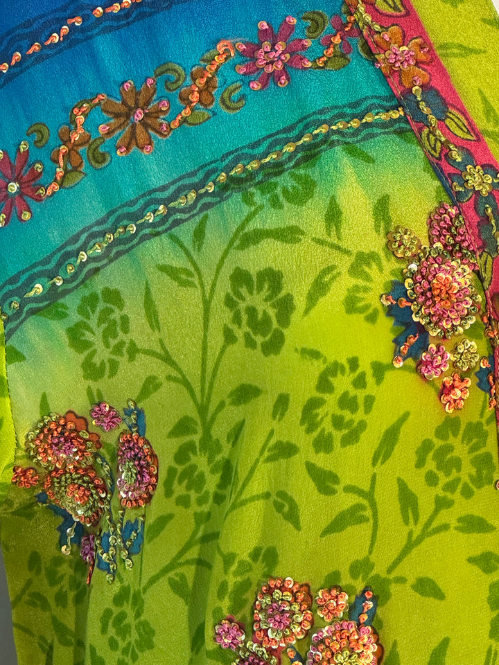 Bright green with blue vintage silk with pink embroidered flowers