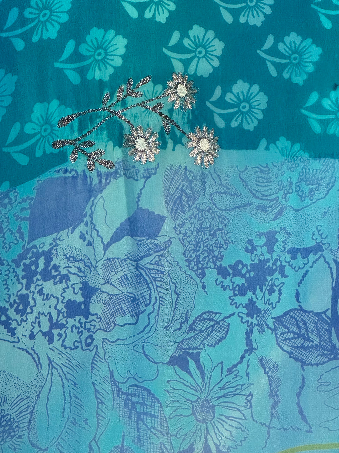 Blue tonal vintage silk floral with silver embroidery