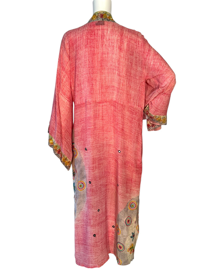 Back view of kimono in pink and multi color patterns of vintage silk with embroidered mirrors 