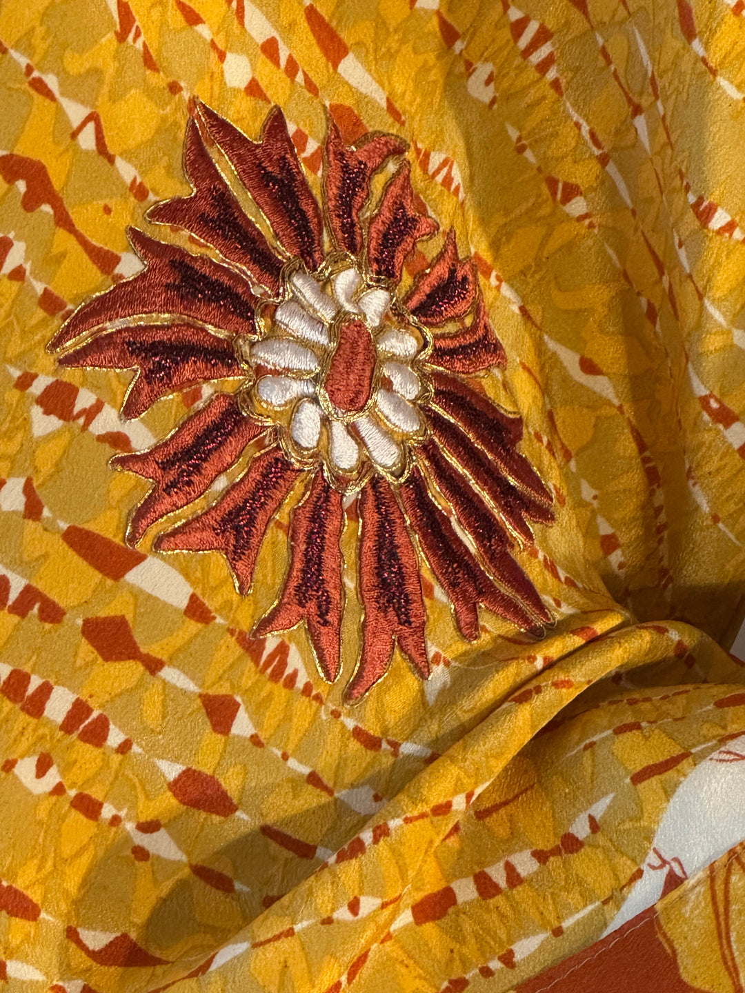 Yellow with rust embroidered flowers vintage silk