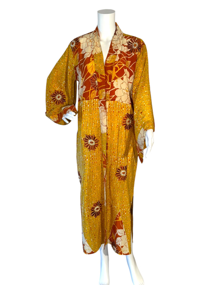 front view of kimono in yellow and rushtprint with rust and gold embroidered flowers on vintage silk