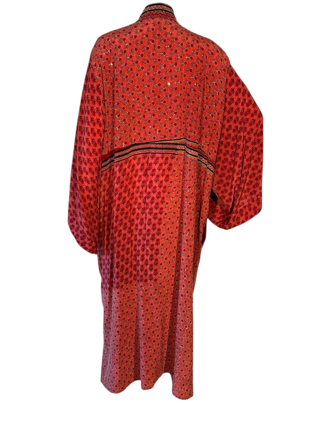 Back view of kimono in red with pink and black small floral print in vintage silk with white threading