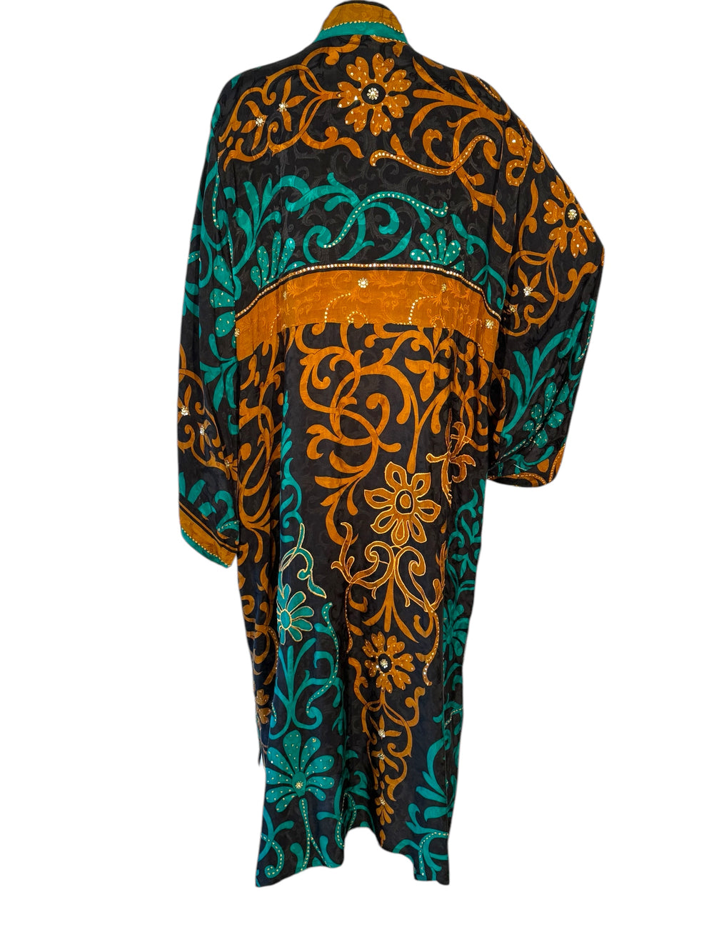 Back view of dark brown with blue and gold vine patterned kimono in vintage silk with sequins