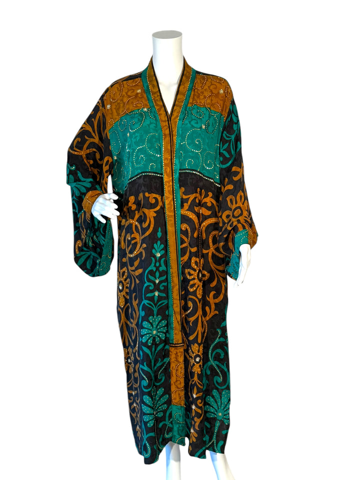 Front view of dark brown with blue and gold vine patterned vintage silk kimono with sequins