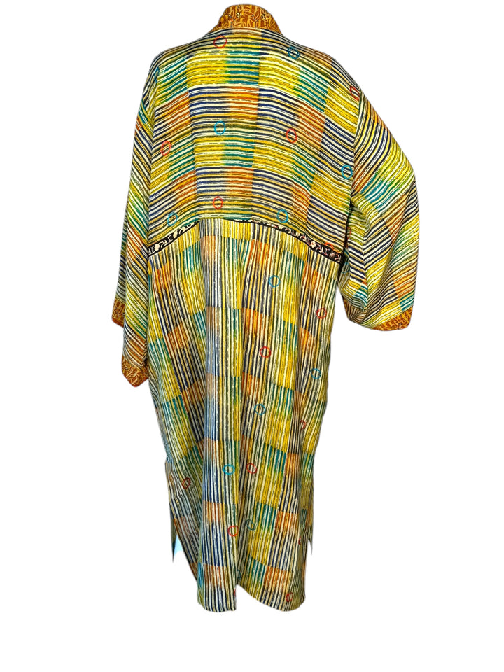 Back view of kimono in yellow orange and green patterned vintage silk with colored sequins