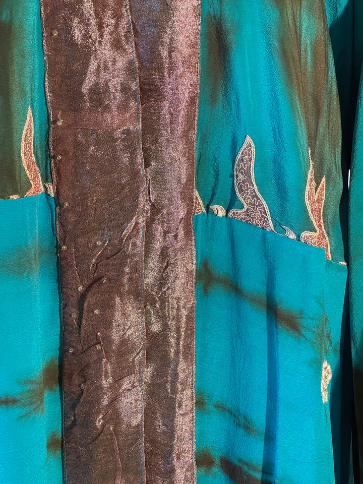 Blue dip dyed vintage silk with gold trip and gold lace