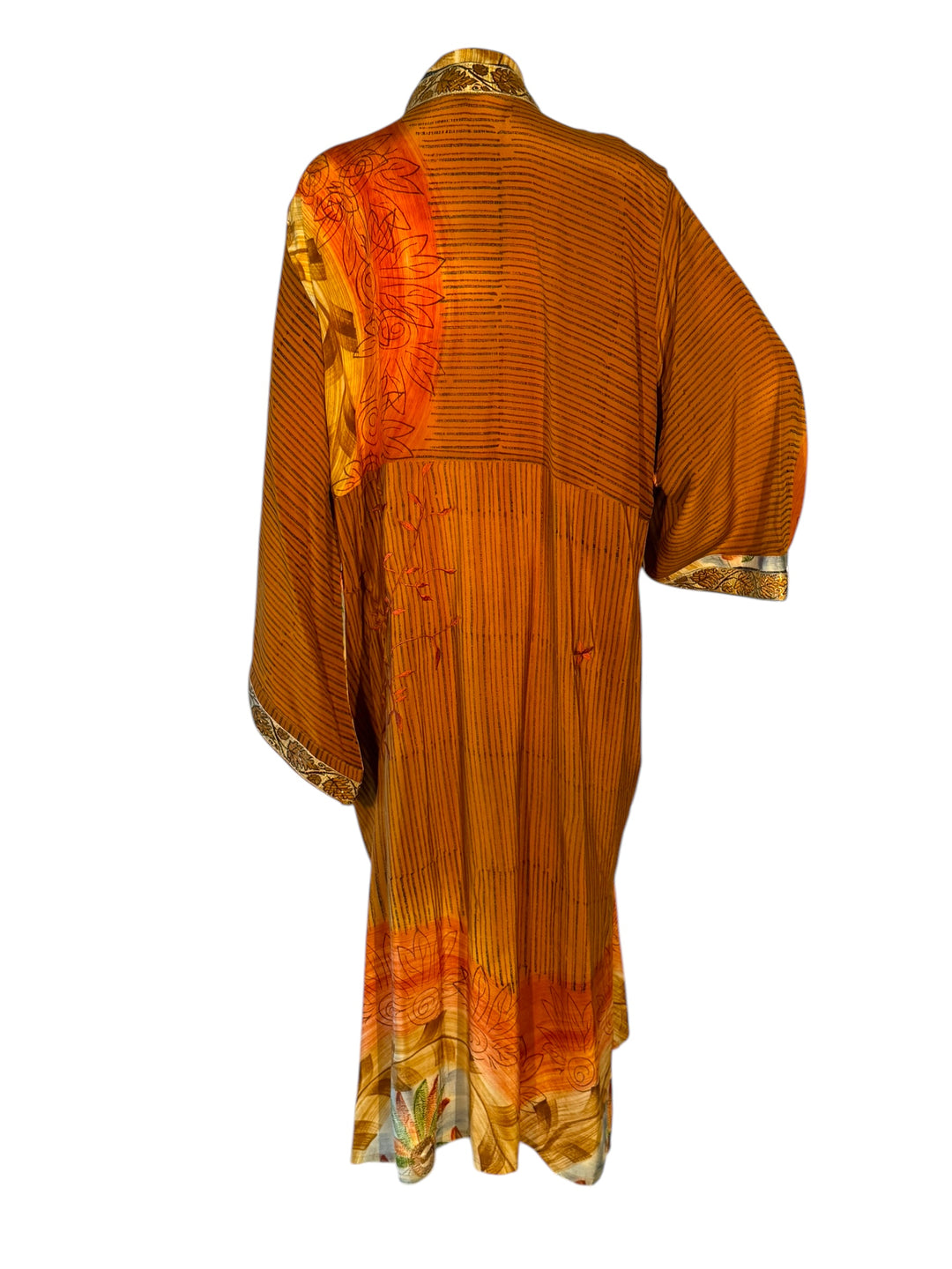 Back view of orange and brown vintage silk kimono with richly embroidered trim