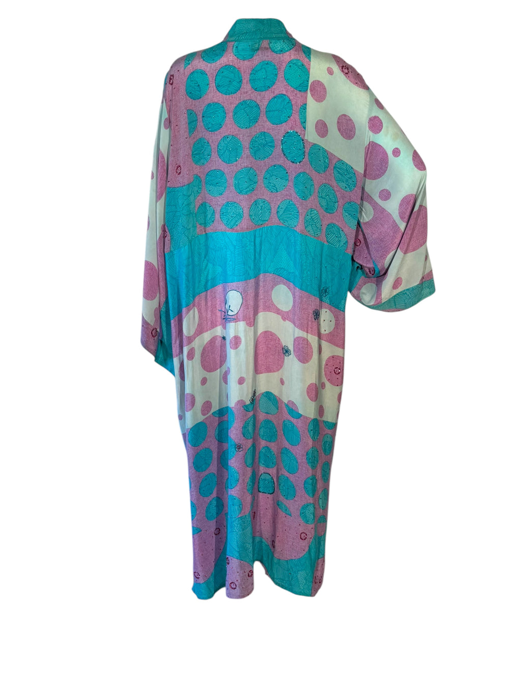 Back view of pink and blue dotted vintage silk kimono with embroidery and sequins