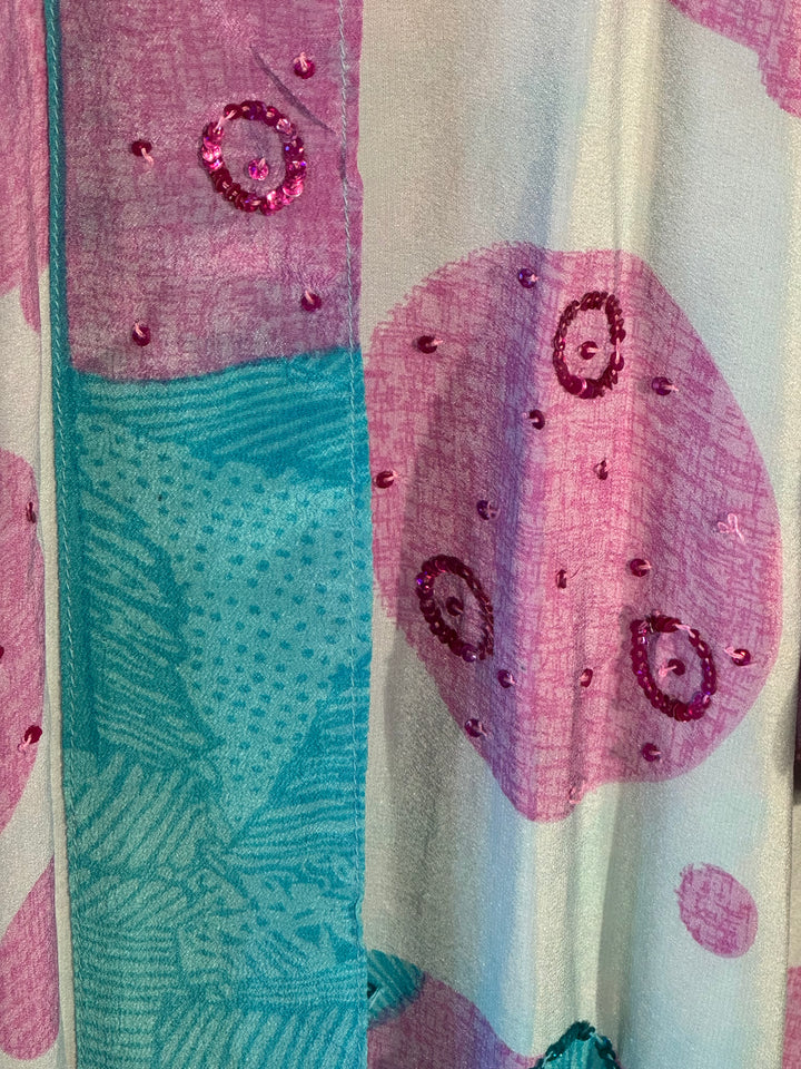 Pink and blue vintage silk with dots and pink sequin embroidery