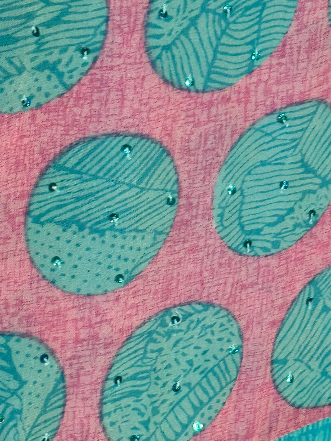 Pink with blue circles and sequins on vintage silk