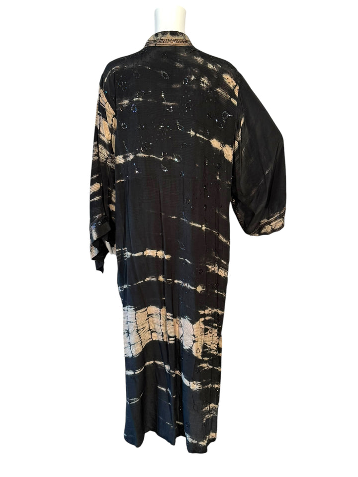 Back view of black and tan dip dye vintage silk kimono with sequin embroidery