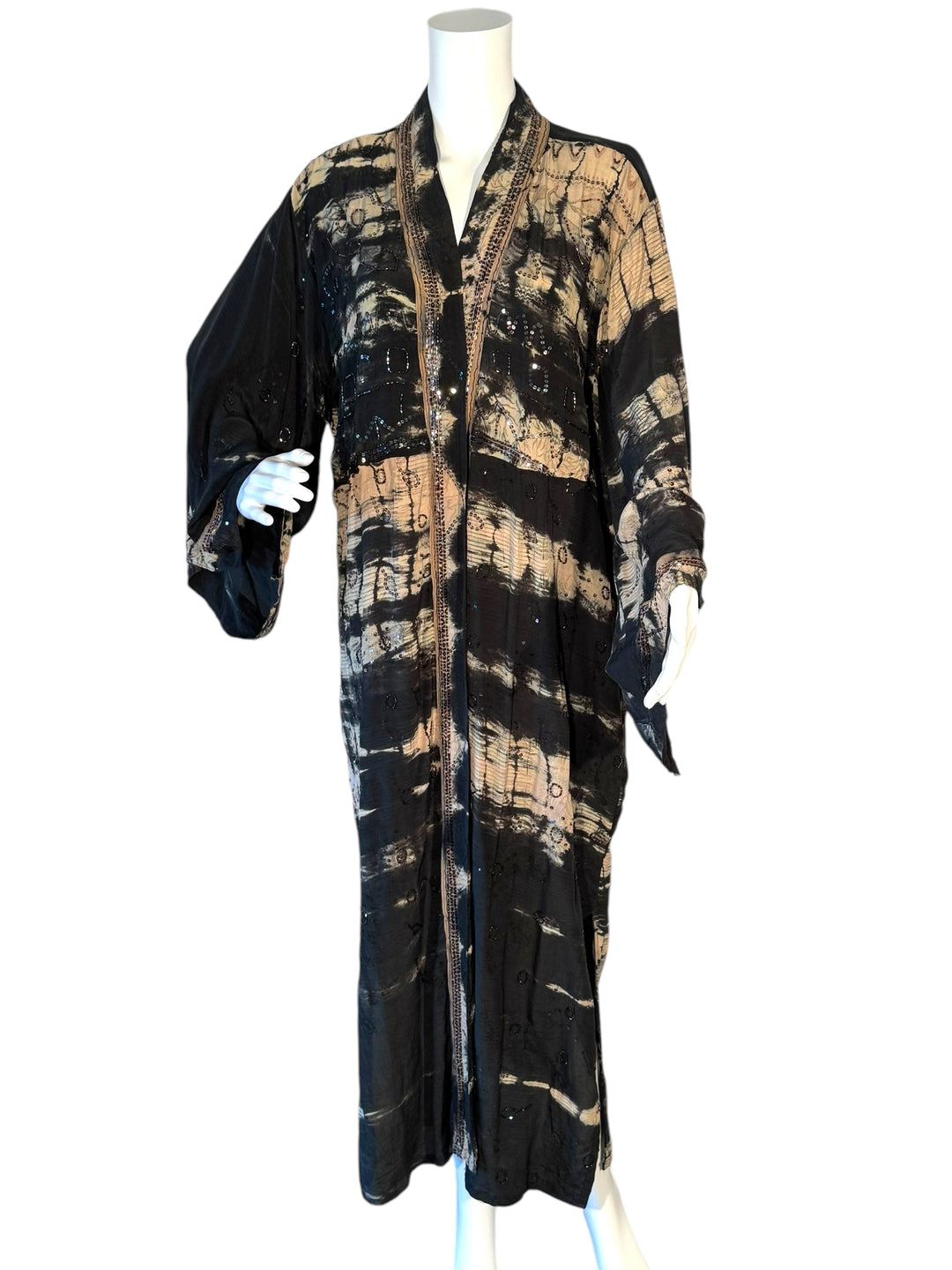 Front view of black and tan dip dye vintage silk kimono with sequin embroidery