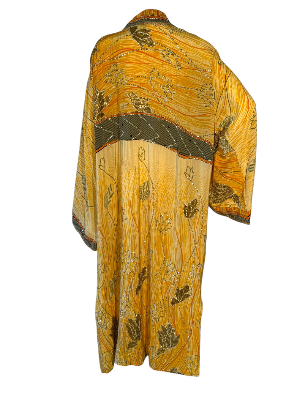 Back view of yellow vintage silk kimono with gray floral and stripe patterns and sequins