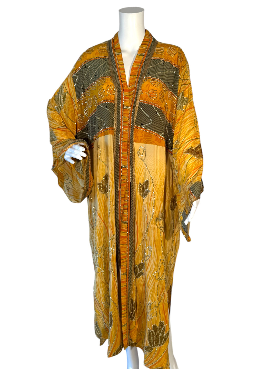 Front view of kimono in yellow vintage silk with gray floral and stripe patterns and sequins