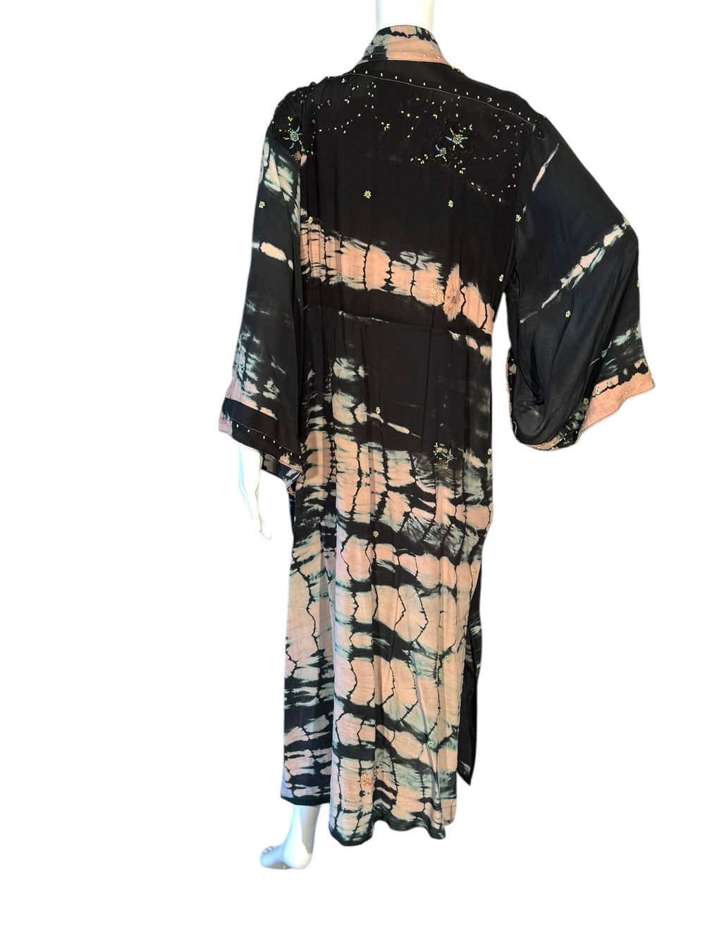 Peach and black dip dye vintage silk kimono back view with colorful beading