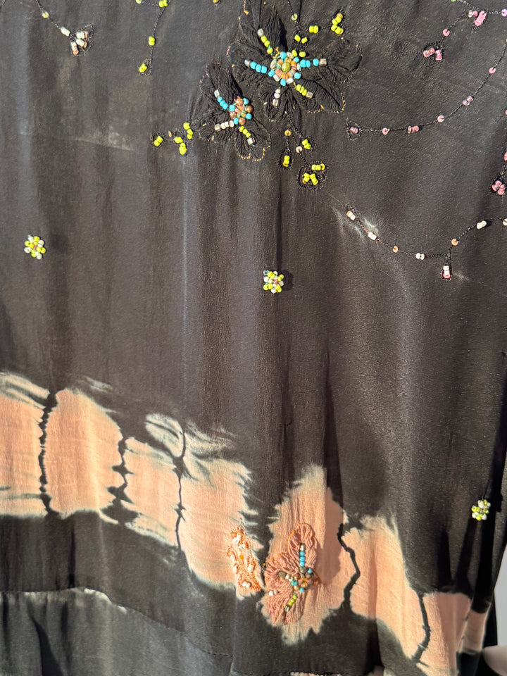 Black and peach dip dye vintage silk with colored beading