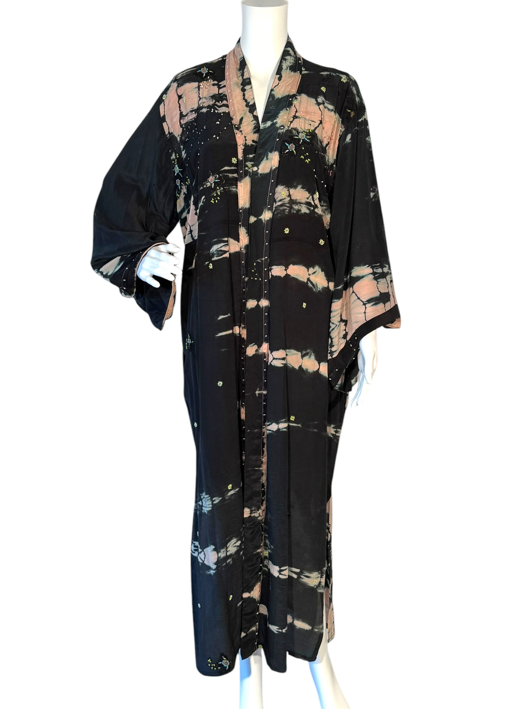 Peach and black dip dye vintage silk kimono front view with colorful beading