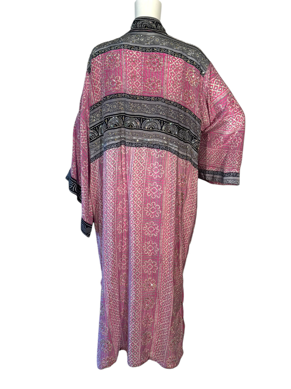 Back view of kimono in pink with black and gray sequined vintage silk