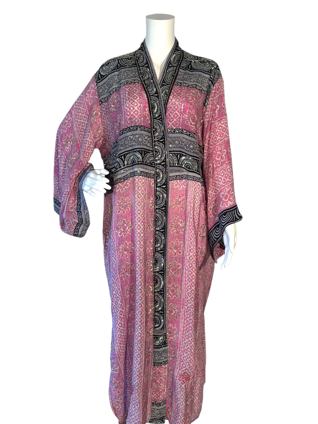 Front view of vintage silk kimono in pink black and gray with paisley pattern and sequins