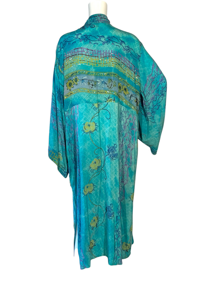 Back view blue and green vintage silk kimono with floral design and embroidery