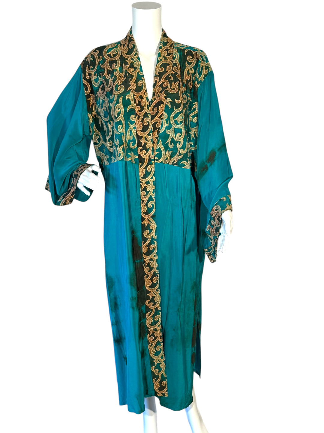 Front view of blue dip dyed vintage silk kimono with gold lace overlay