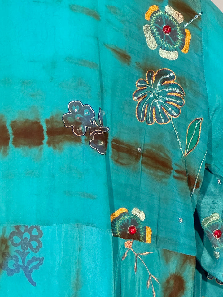 Blue dip dye vintage silk with embroidered flowers