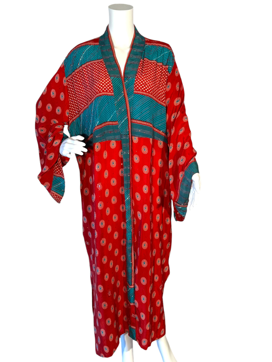 Front view red and blue vintage silk kimono with patterns and sequins