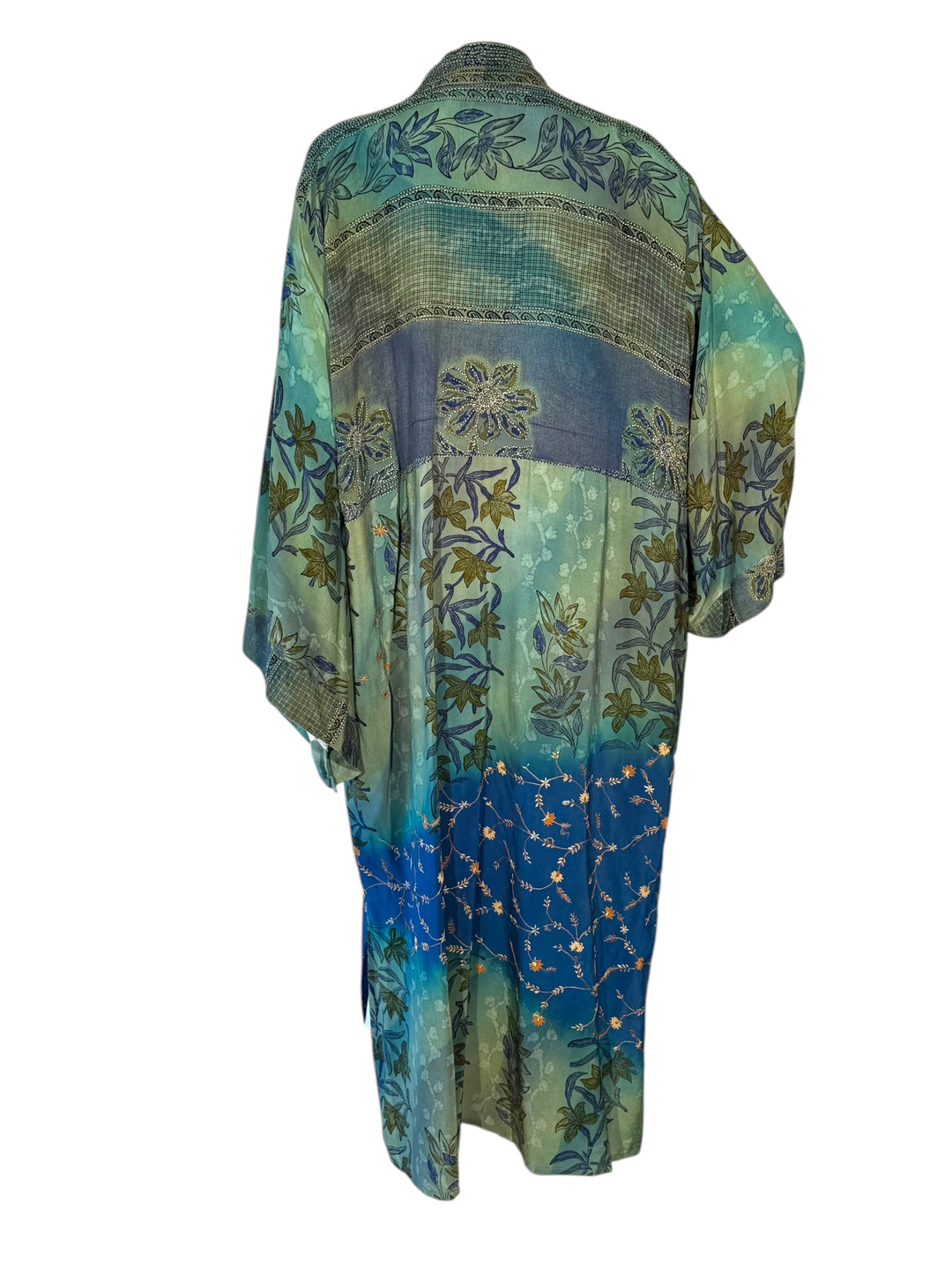 Back view of multi blue patterned vintage silk kimono