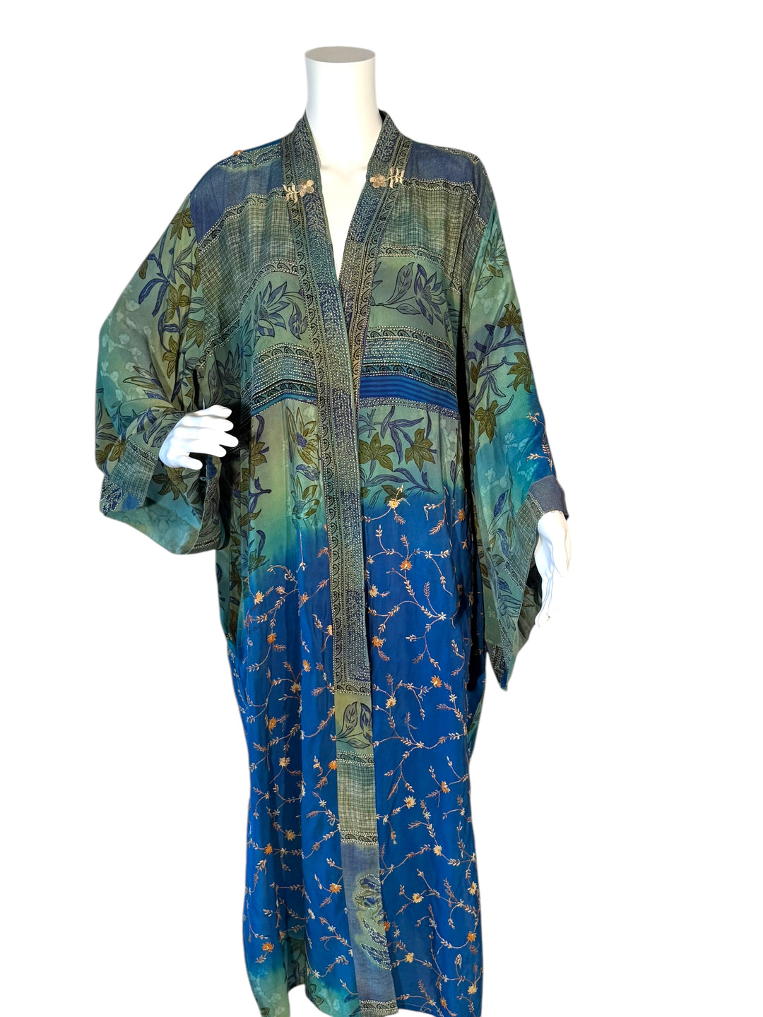 Front view of blue vintage silk kimono with delicate threading and embroidery