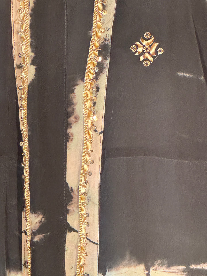 Black and tan dip dyed vintage silk with gold embroidered accents