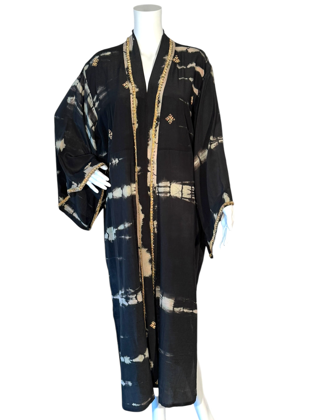 Black and tan dip dyed vintage silk kimonos with gold embroidered accents